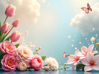 A spring-themed background with delicate pink and white flowers, soft sunlight, and a graceful butterfly
