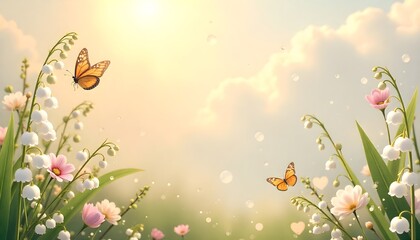 A spring-themed background with delicate pink and white flowers, soft sunlight, and a graceful butterfly