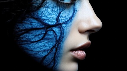 Fototapeta premium Portrait of a Woman with Intricate Blue Face Art Resembling Veins Against Dark Background