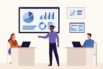 Vector illustration of a young man at a desk working on a laptop, concept of remote work, freelancing, and online business.