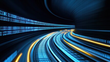 Abstract digital tunnel with binary code and glowing lines representing technology and data movement