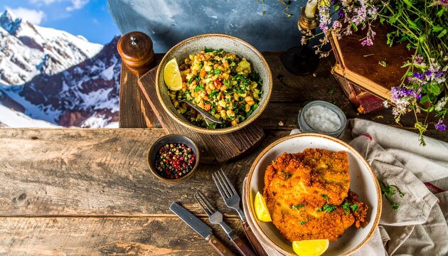 Rustic Table Setting with Gourmet Food Mountain Backdrop and Candlelight.