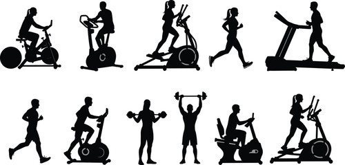 Ten gym workout equipment silhouettes — treadmill, elliptical, stationary bike, stepper, running, dumbbell, barbell, recumbent bike, fitness training illustration