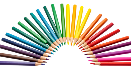 Rainbow Colored Pencils Form a Semicircle against Black. Features Soft Lighting for Art Posters, School Marketing, Educational Materials.