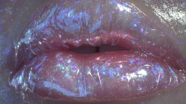 PRIMO PIANO ESTREMO DI LABBRA LUCIDE CON TEXTURE TRASPARENTE IRIDESCENTE