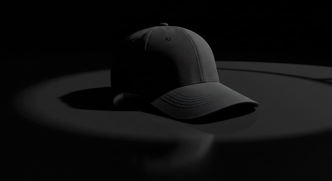 Minimalist Black Baseball Cap Design with Textured Fabric and Dramatic Lighting in a Modern High-Fashion Style.