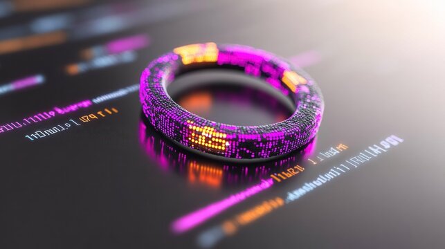 Futuristic digital ring with vibrant colors surrounded by glowing code on a dark surface