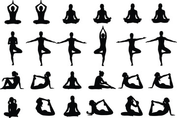 Twenty‑five yoga silhouettes — seated meditation, tree pose, floor stretches, balance poses, flexibility training, wellness exercise illustration set for fitness and lifestyle