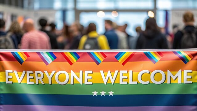Everyone welcome banner with rainbow colors and diverse people in background at inclusive event promoting unity and acceptance in lively social gathering