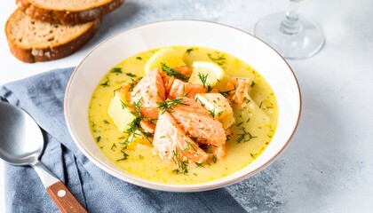 Delicious Salmon Soup with Lemon and Dill Served with Bread and Wine.