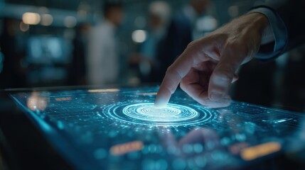 Focused medium shot of hands interacting with a secure digital vault on a futuristic touchscreen blurred coworkers in background highlighting NFT rightsmanagement in creative