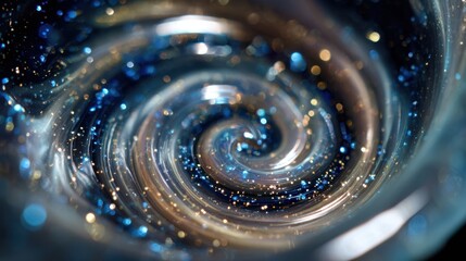 Fluid silver patterns and galactic sparkles create a surreal abstract composition, ideal for modern art direction and album covers