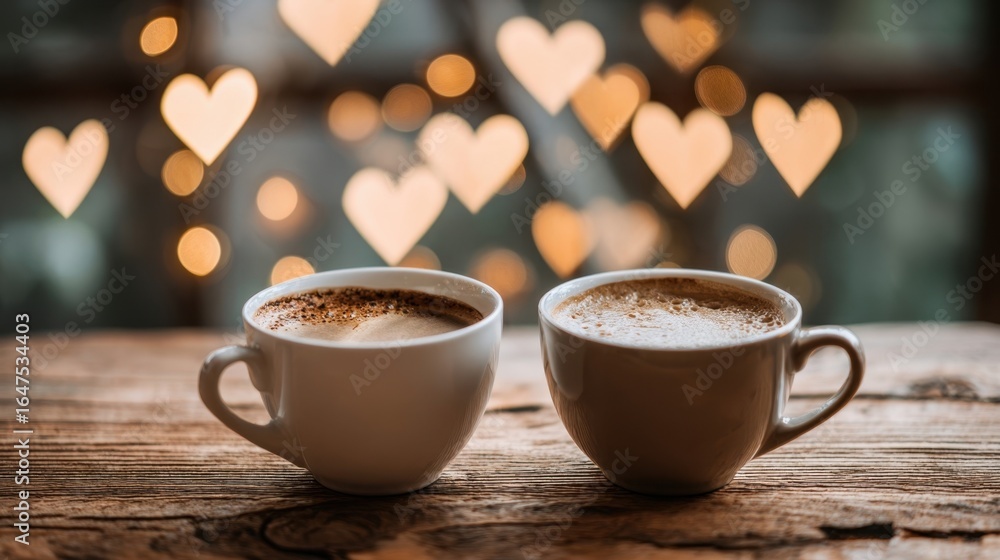 Poster two steaming cups of coffee sit on a rustic wooden table, heart shaped bokeh in the background creat