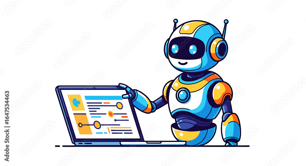 Poster cartoon robot interacting with a laptop, showcasing a user interface on the screen.
