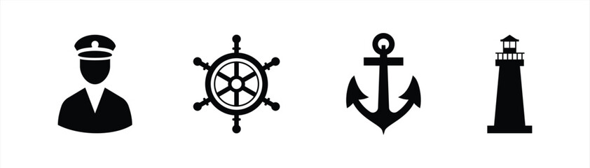 Fototapeta premium Maritime Icon Set – Ship Captain, Helm Wheel, Anchor, and Lighthouse in Flat Silhouette Style for Nautical and Sea Navigation Design