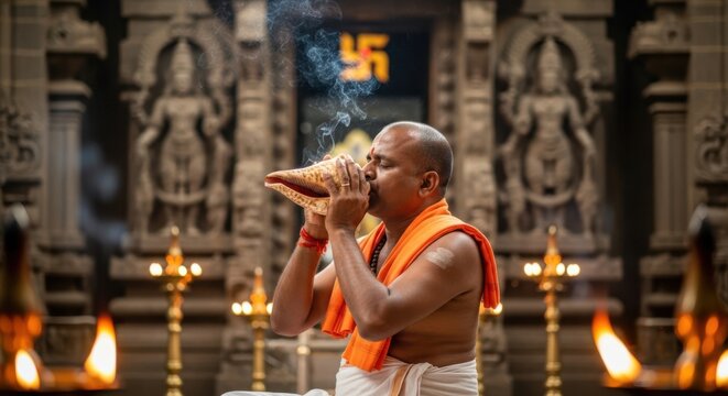 Priest blowing sacred conch shell during Hindu temple ceremony