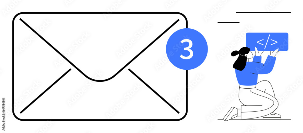 Poster large envelope with 3 badge for notifications and kneeling woman coding on tablet. ideal for communi