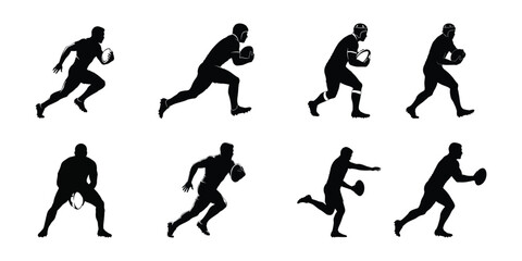 Rugby Player Silhouette Icon Set – Running, Passing, and Holding Ball Vector Collection