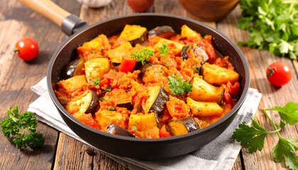 Delicious Eggplant and Tomato Stew in a Pan on Rustic Wooden Table.