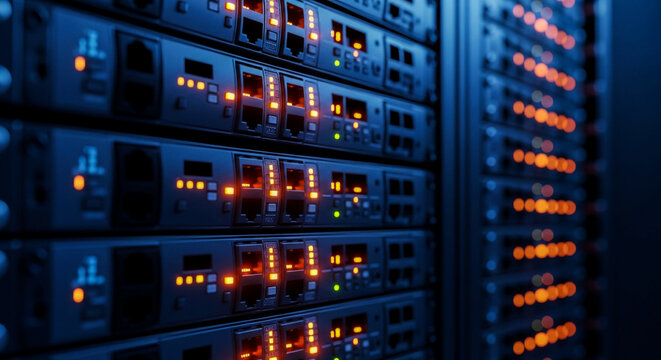A close-up view of multiple server units stacked in a data center The equipment features numerous blinking orange and blue lights creating a vibrant high-tech atmosphere