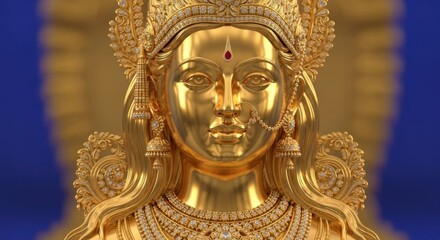 Fototapeta premium Golden Deity with Elaborate Ornate Jewelry and Blue Background