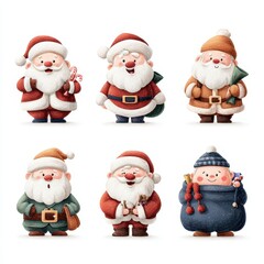 Various cheerful Santa Claus characters in festive attire for holiday celebrations and decorations