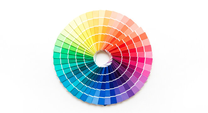 A fanned-out circular color wheel showcases a complete spectrum of colors from reds and oranges to blues and purples presented against a stark white backdrop