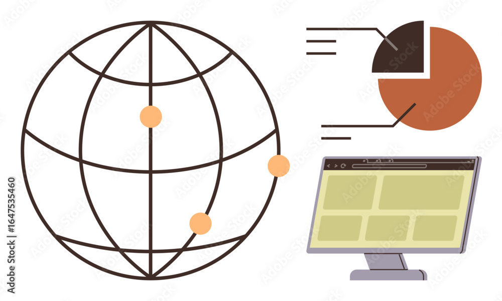 Aufkleber globe with connection points, pie chart for data visualization, and digital screen interface. ideal 