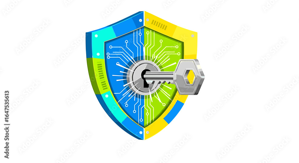Poster a digital shield icon featuring a key, representing data security and protection.