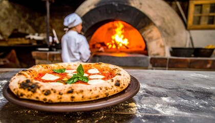 Freshly Baked Pizza with Chef in Background at Wood-Fired Oven.
