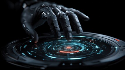 Futuristic Robotic Hand Interacting with Holographic User Interface Touchscreen Display