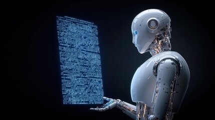 Futuristic Robot Interpreting Data on Screen in Dark Background with Glowing Code Elements and Detailed Design