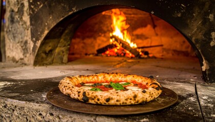 Freshly Baked Pizza with Fire Oven and Burning Flames Culinary Delight.