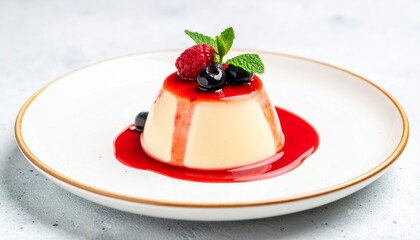 Elegant Panna Cotta Dessert with Fresh Berries and Mint Garnish.