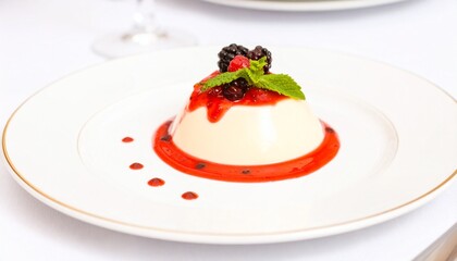 Elegant Panna Cotta Dessert with Berry Coulis and Mint Garnish on White Plate.
