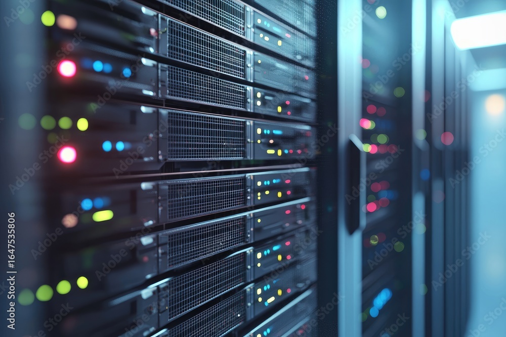 Poster high efficiency data center with sleek illuminated server racks and advanced network infrastructure,