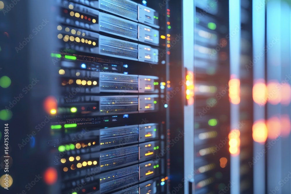 Poster modern high capacity data center with illuminated silver server racks and advanced network systems, 