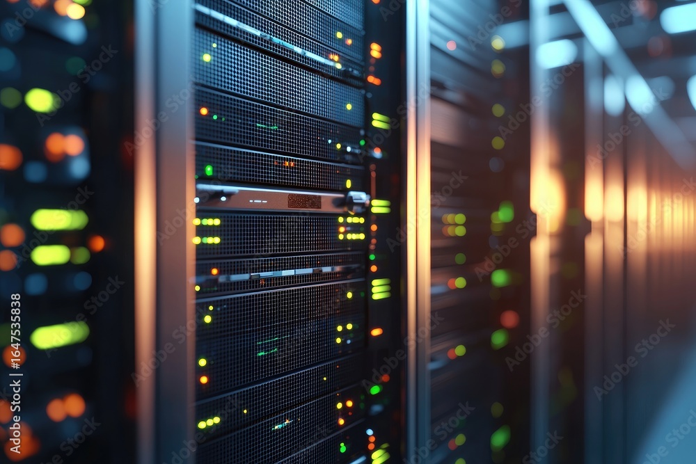 Poster high security data center with illuminated server racks and advanced network infrastructure, ideal f