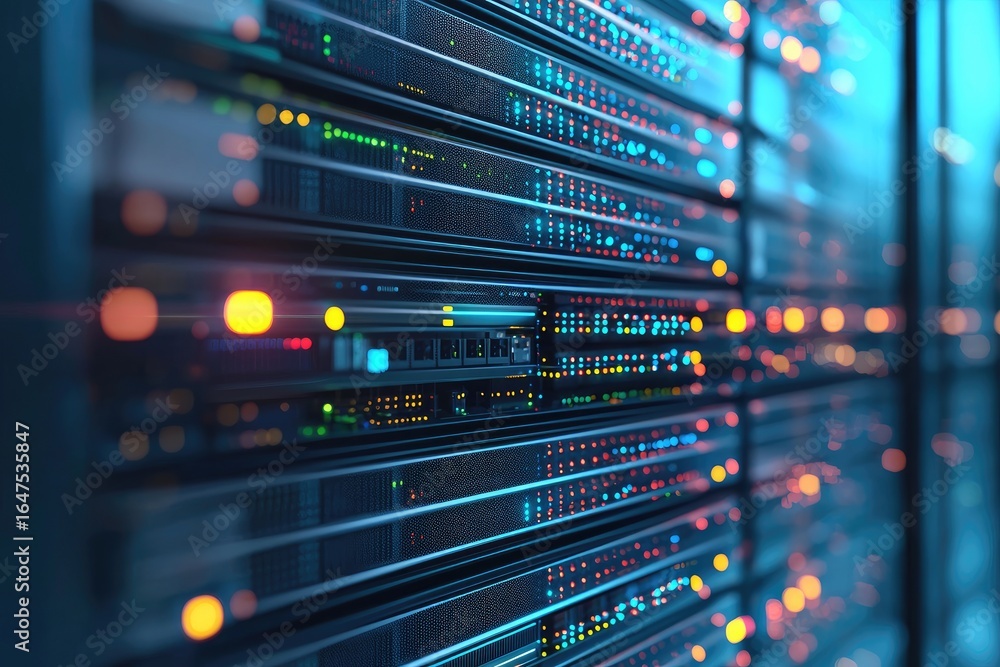 Poster advanced data center with brightly illuminated server racks and high performance network systems, pe