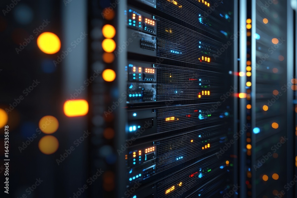 Poster high performance data center with secure illuminated server racks and advanced network systems, idea