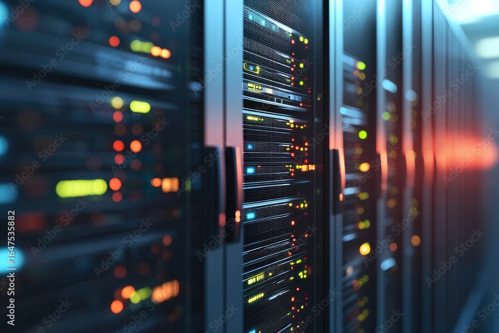 Poster secure high performance data center with illuminated server racks and advanced network infrastructur