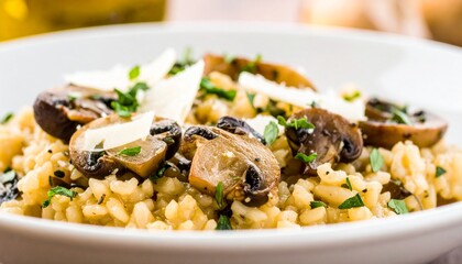 Creamy Mushroom Risotto with Parmesan Cheese and Fresh Herbs Close-Up.