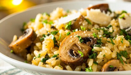 Delicious Homemade Mushroom Risotto with Fresh Herbs and Parmesan Cheese.