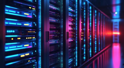 Futuristic high tech data center with vibrant illuminated server racks in blue and pink lighting, ideal for cloud computing, hosting, and enterprise IT infrastructure