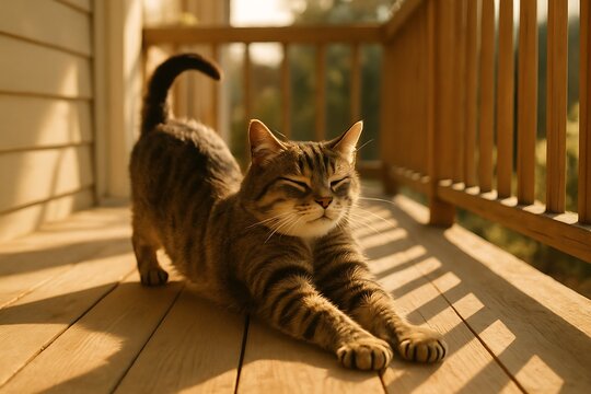 Domestic cat stretching on a sunny porch, relaxed expression, warm tones - Powered by Adobe