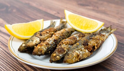Grilled Sardines with Lemon Wedges on a Decorative Plate Close-Up View.