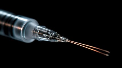 Precision shot showing a syringe needle being primed with genevector fluid highlighting the meticulous steps in adapting therapy from mice to human trials.
