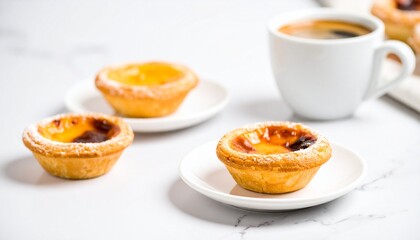 Golden Pastel de Nata Tarts with Coffee on White Marble Surface Close-up.