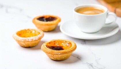 Delicious Portuguese Egg Tarts and Coffee on a Marble Surface.