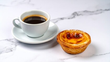 Espresso and Pastel de Nata on Marble: A Delicious Breakfast Treat.